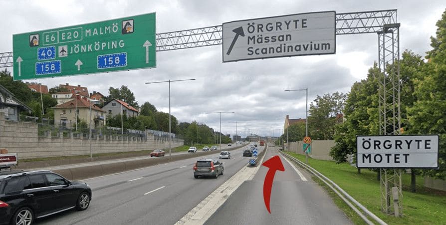 E6 södergående avfart 71 ÖRGRYTEmotet Mässan Scandinavium till Göteborgs Vandrarhem